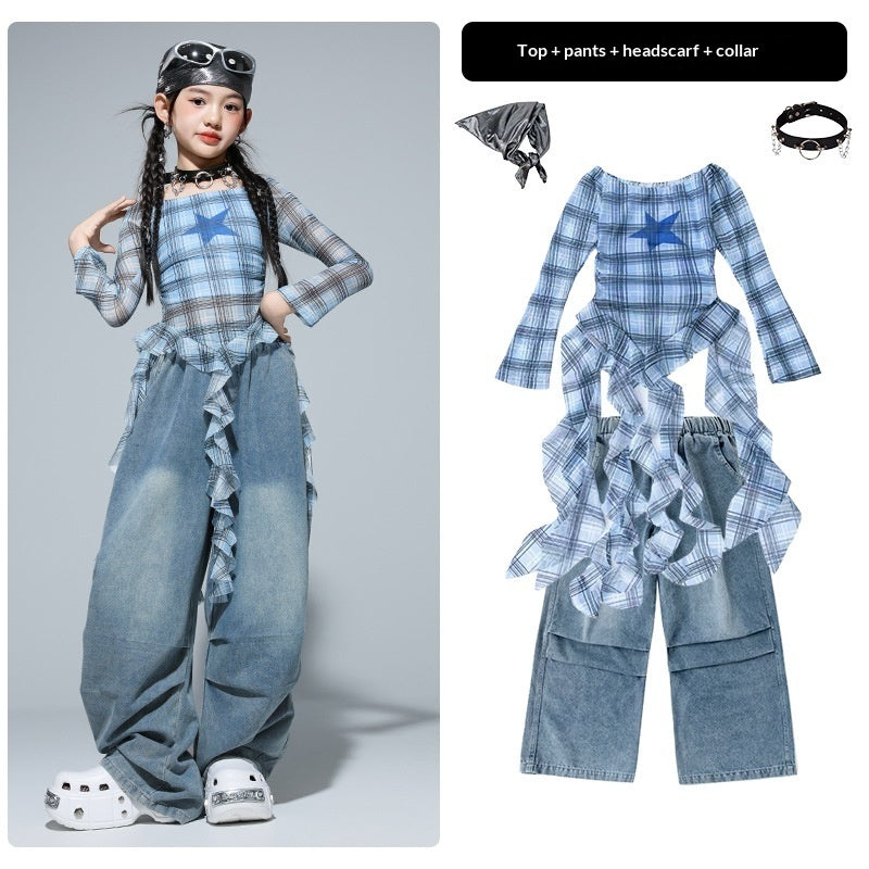 Girls’ Hip‑Hop Street Dance Outfit Set – Trendy Plaid & Denim