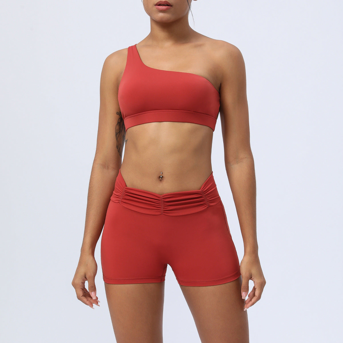 Yoga & Fitness Outfit – One-Shoulder Sports Bra with Shorts or Leggings