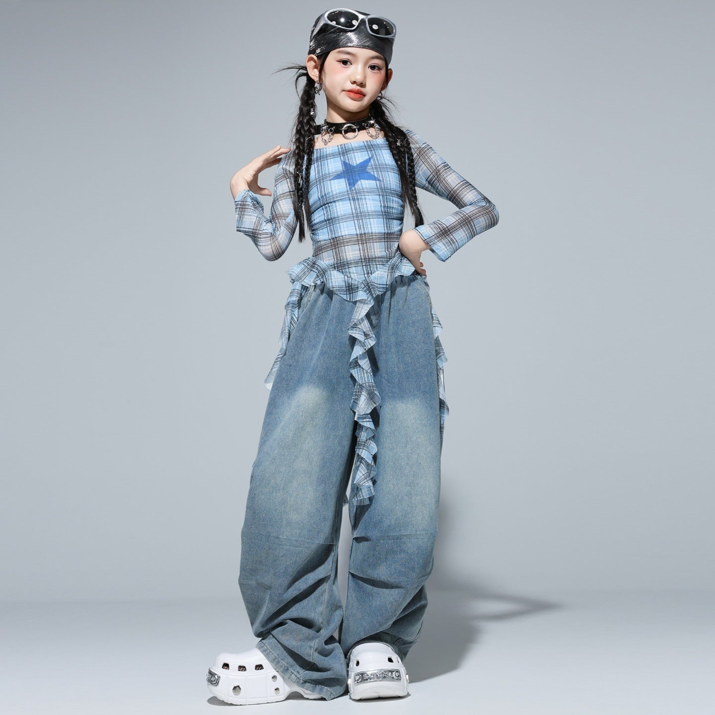 Girls’ Hip‑Hop Street Dance Outfit Set – Trendy Plaid & Denim