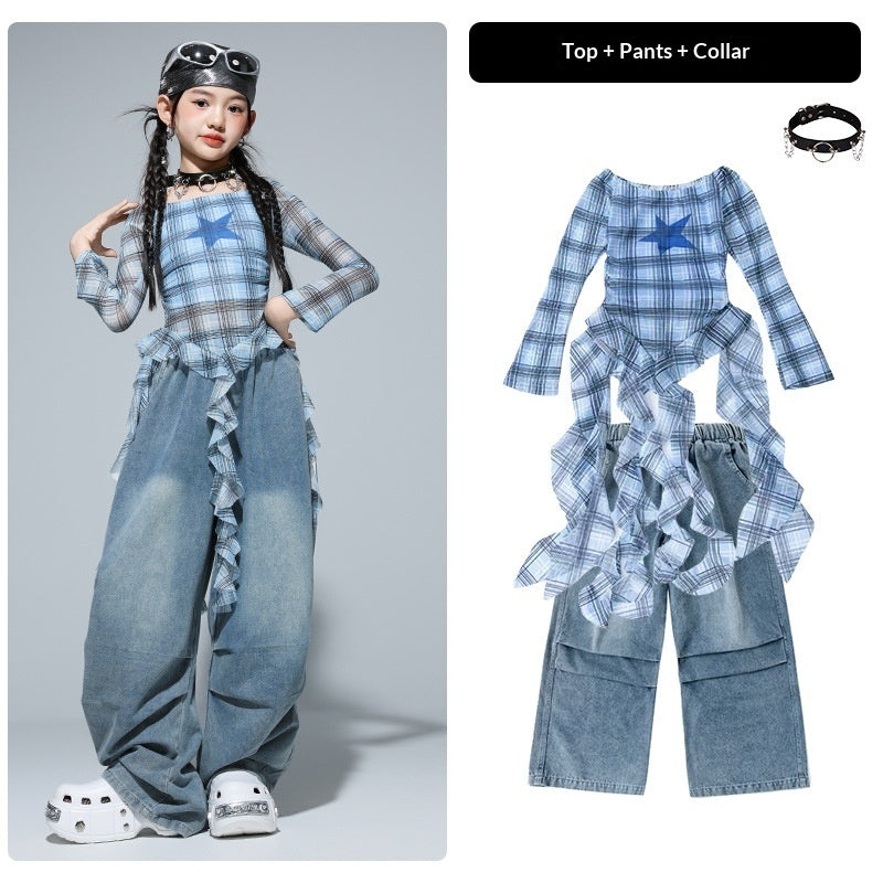Girls’ Hip‑Hop Street Dance Outfit Set – Trendy Plaid & Denim