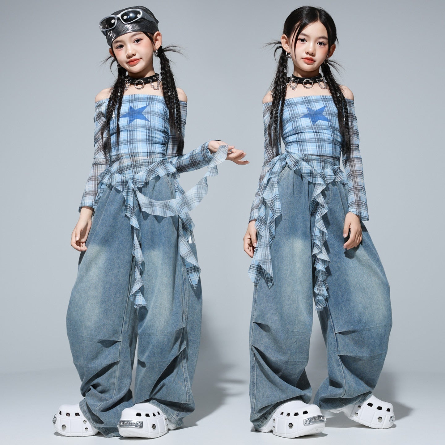 Girls’ Hip‑Hop Street Dance Outfit Set – Trendy Plaid & Denim