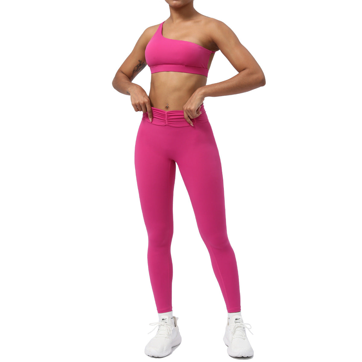 Yoga & Fitness Outfit – One-Shoulder Sports Bra with Shorts or Leggings
