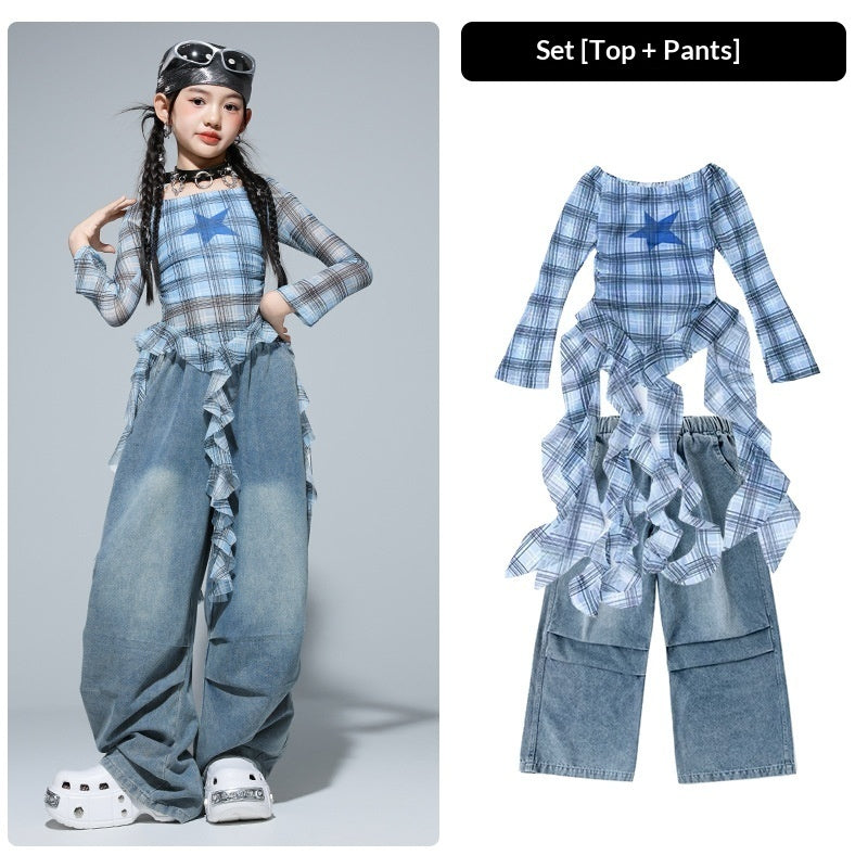 Girls’ Hip‑Hop Street Dance Outfit Set – Trendy Plaid & Denim