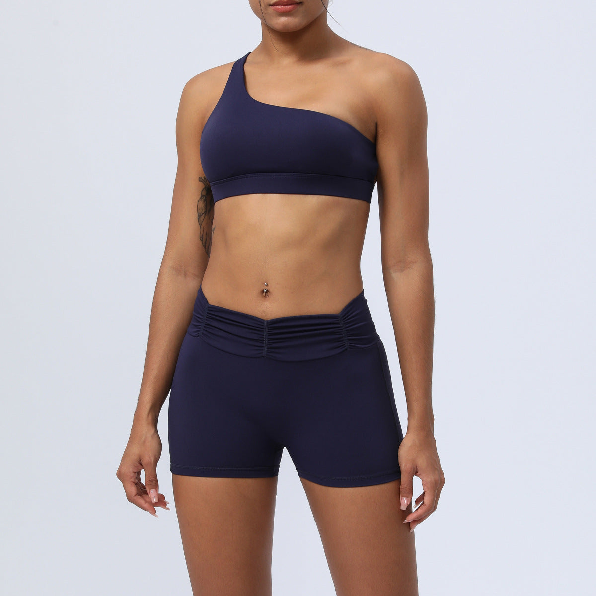 Yoga & Fitness Outfit – One-Shoulder Sports Bra with Shorts or Leggings