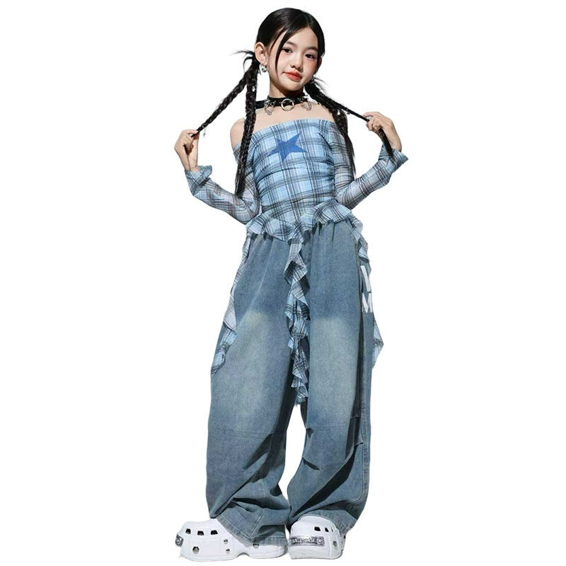 Girls’ Hip‑Hop Street Dance Outfit Set – Trendy Plaid & Denim