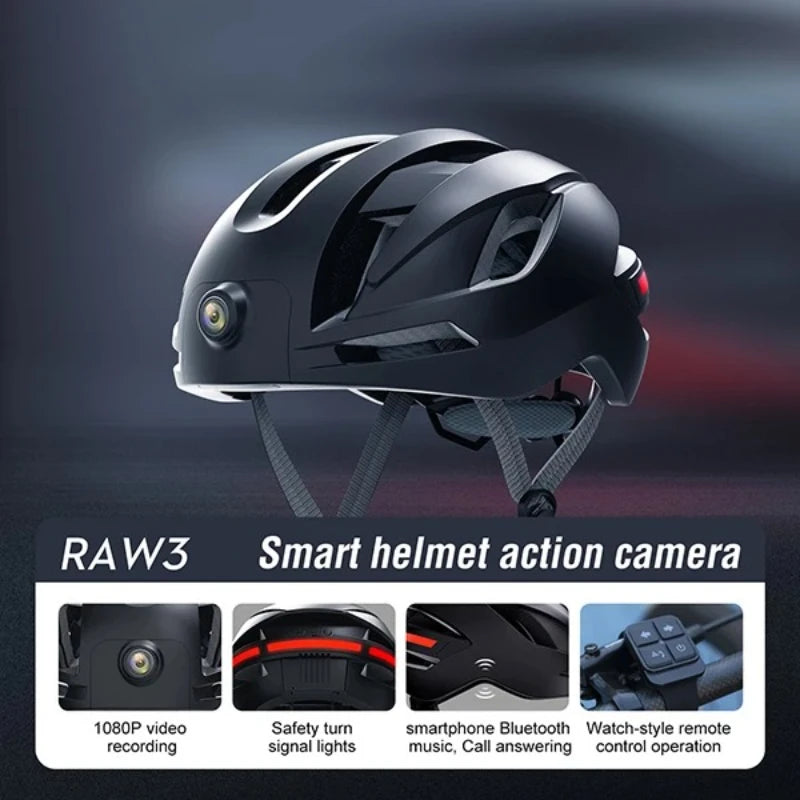 RAW3 Smart Bluetooth Bike Helmet with 1080P Camera, Audio, GPS & Rear Safety Lights (WITH or WITHOUT MicroSD Card)