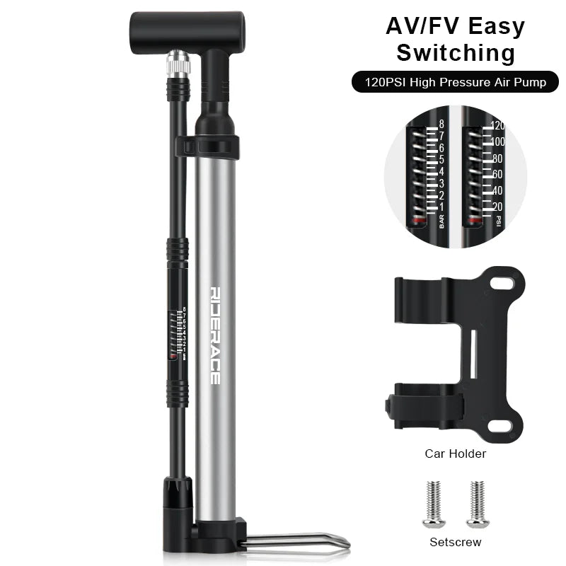 Portable Bike Pump — 120 PSI Alloy Floor Inflator (Schrader & Presta)