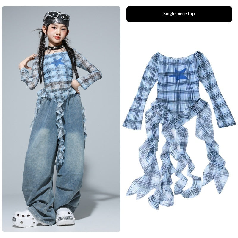 Girls’ Hip‑Hop Street Dance Outfit Set – Trendy Plaid & Denim