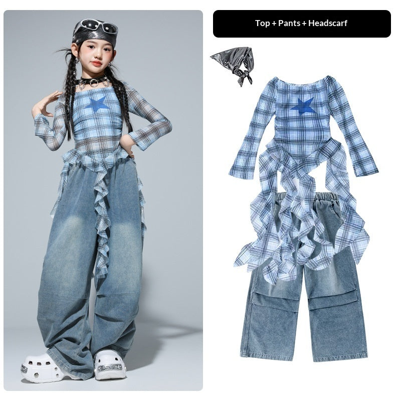 Girls’ Hip‑Hop Street Dance Outfit Set – Trendy Plaid & Denim