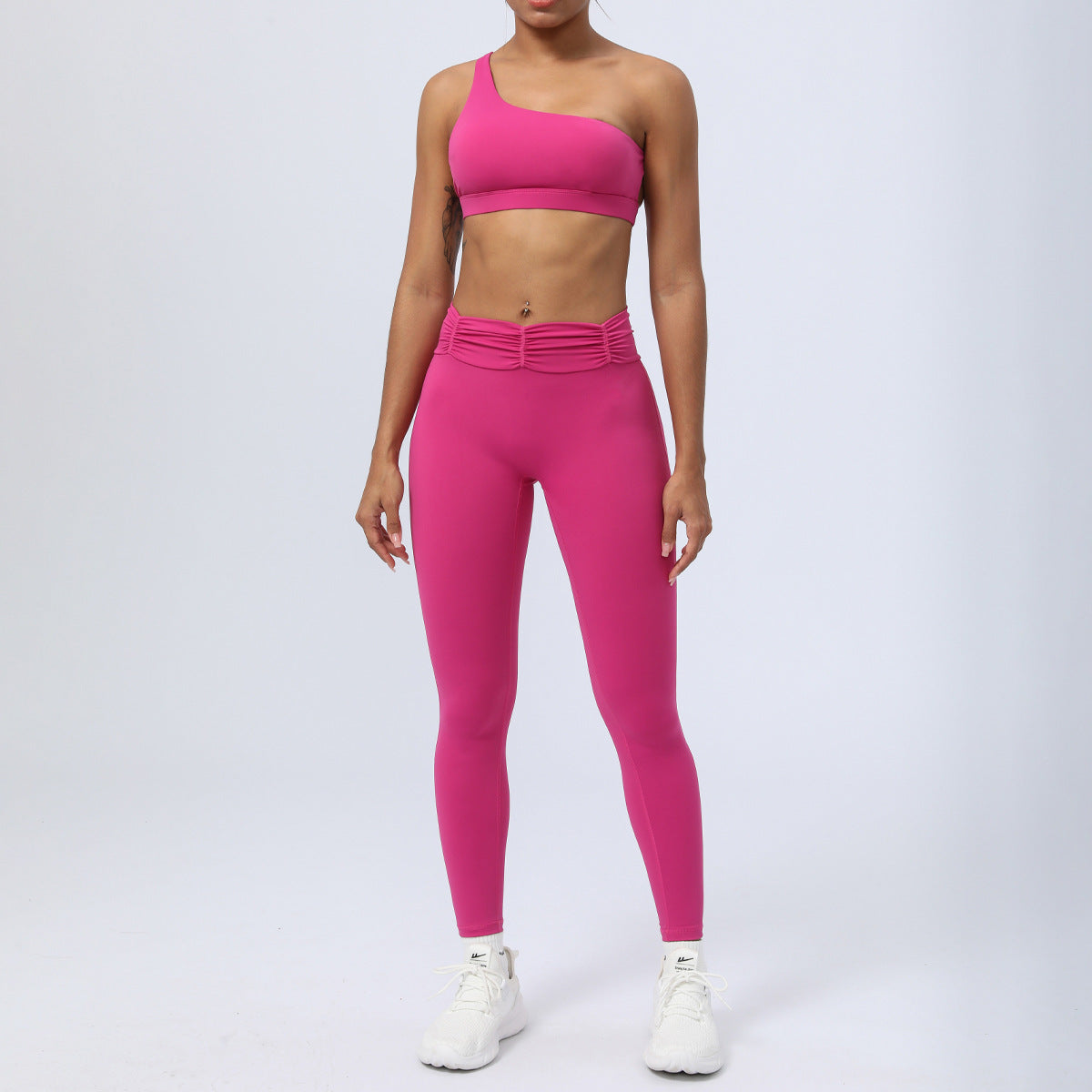 Yoga & Fitness Outfit – One-Shoulder Sports Bra with Shorts or Leggings