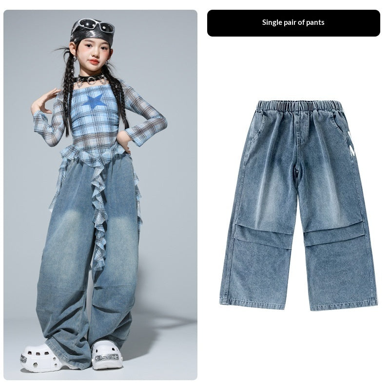 Girls’ Hip‑Hop Street Dance Outfit Set – Trendy Plaid & Denim