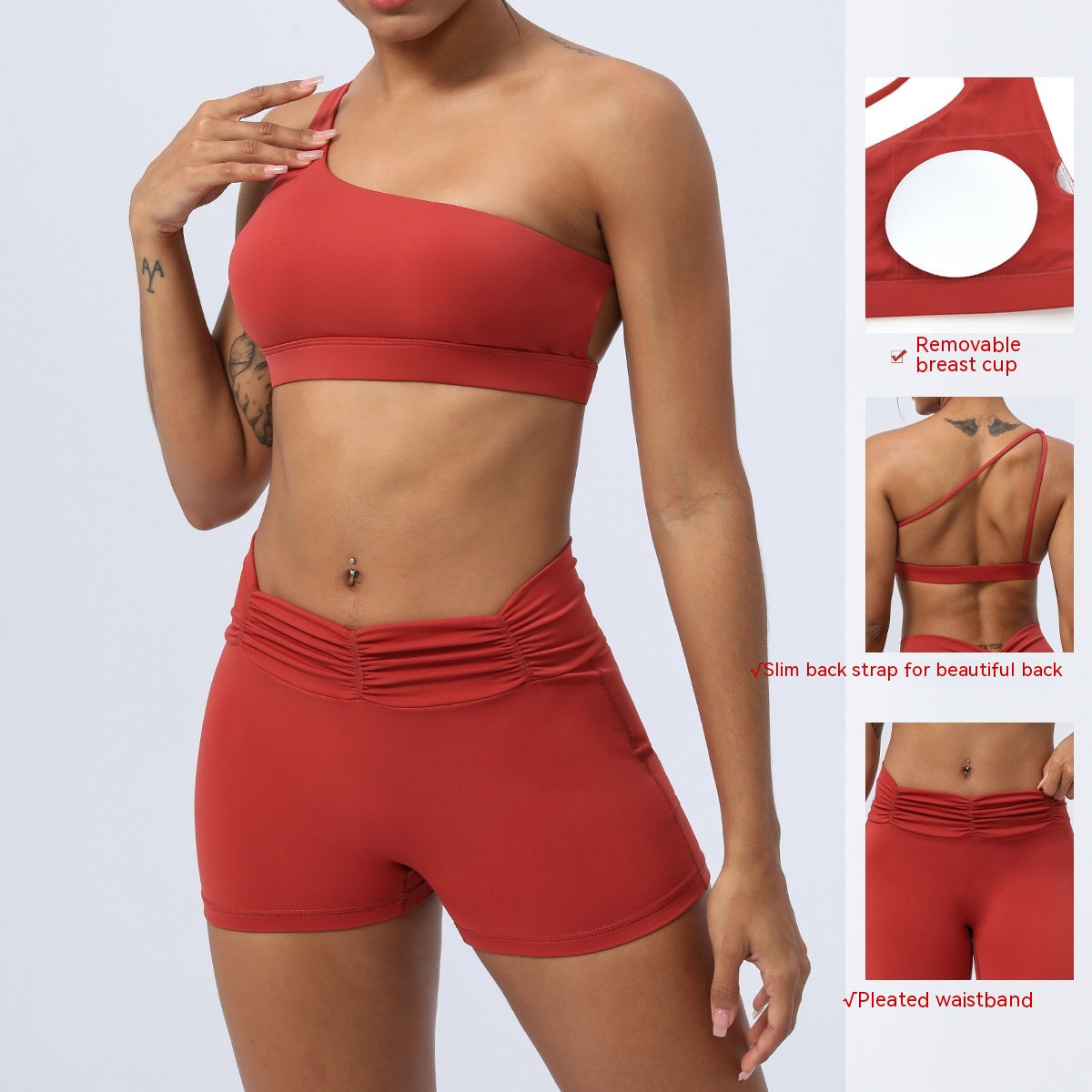Yoga & Fitness Outfit – One-Shoulder Sports Bra with Shorts or Leggings