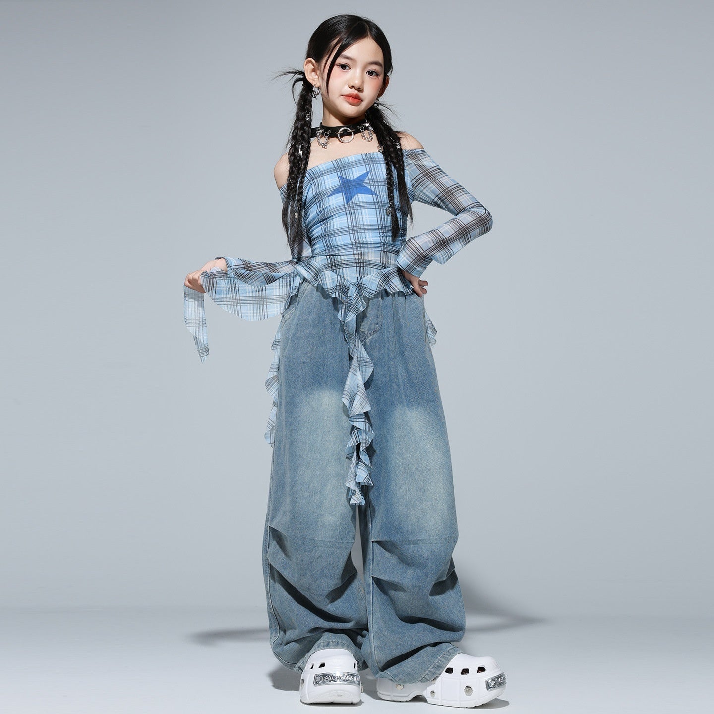 Girls’ Hip‑Hop Street Dance Outfit Set – Trendy Plaid & Denim