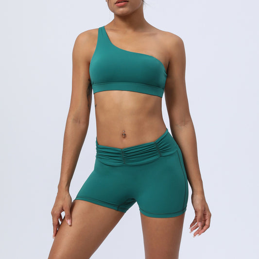 Yoga & Fitness Outfit – One-Shoulder Sports Bra with Shorts or Leggings